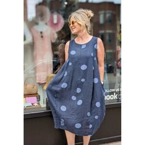 Me & Gee Dots Tank Dress in Blue wi/White Large Polka Dots 100% Linen Women's L